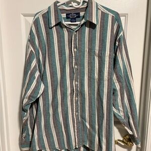 Soft Cotton Button Down Shirt with Vertical Green Black and White Stripes